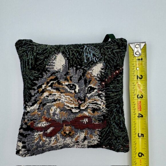 VTG Tapestry Cat Pillow Doorknob Hanging 5X5 Square Kitty Decor Green Christmas - Picture 4 of 6